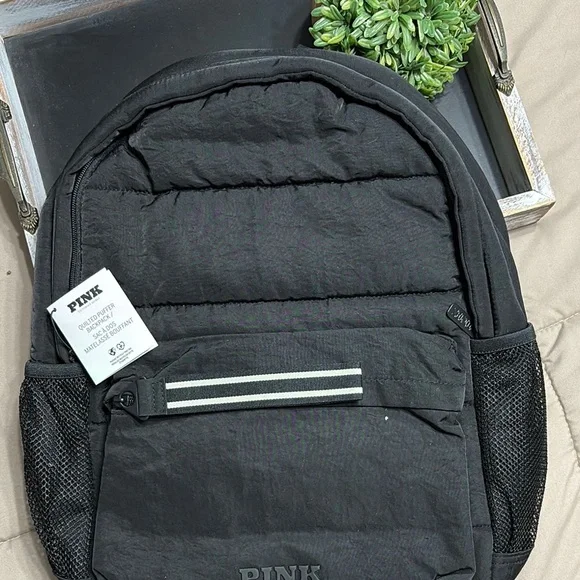 PINK Victoria's Secret Black Quilted Backpack with Reflective Stripes - Picture 2 of 6